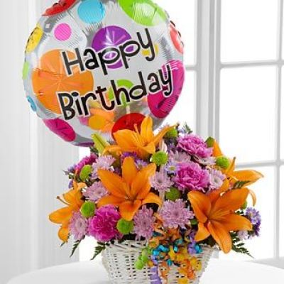 The Happy Blooms Basket by FTD brings together Asiatic lilies and carnations to create the perfect way to send your Happy Birthday wishes! Orange Asiatic lilies, lavender chrysanthemums, lavender carnations, purple monte casino asters, green button poms and lush greens are beautifully arranged within a rectangular whitewash willow handled basket accented with colorful curling ribbon. Arriving with a bright mylar balloon exclaiming, Happy Birthday!
C Quantity Color Description
1 Orange Asiatic Lily
2 Hot Pink Standard Carnation
2 Green Button Pom
2 Lavender Daisy Pom
2 Purple Aster - Monte Casino
2 Green Green - Leather Leaf
0 Green Florist Foam Brick
3 Curling Ribbon (yds.)
1 Mylar Balloon
DELUXE
C Quantity Color Description
2 Orange Asiatic Lily
3 Hot Pink Standard Carnation
2 Green Button Pom
3 Lavender Daisy Pom
3 Purple Aster - Monte Casino
2 Green Green - Leather Leaf
0 Green Florist Foam Brick
1 Curling Ribbon (yds.)
1 Mylar Balloon
PERMIUM
C Quantity Color Description
3 Orange Asiatic Lily
4 Hot Pink Standard Carnation
3 Green Button Pom
4 Lavender Daisy Pom
4 Purple Aster - Monte Casino
2 Green Green - Leather Leaf
0 Green Florist Foam Brick
3 Curling Ribbon (yds.)
1 Mylar Balloon
