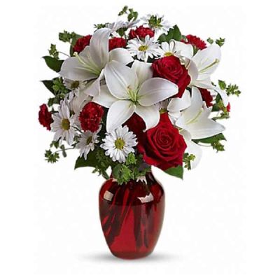 <div class="m-pdp-tabs-description">
<div id="mark-1" class="m-pdp-tabs-marketing-description">

&nbsp;

<hr />

The spirit of love and romance is beautifully captured in this enchanting bouquet. It's the perfect gift for anyone you love.

</div>
</div>
Red roses and carnations are exquisitely arranged with white asiatic lilies and chrysanthemums in a ruby red glass vase. It's lovely.