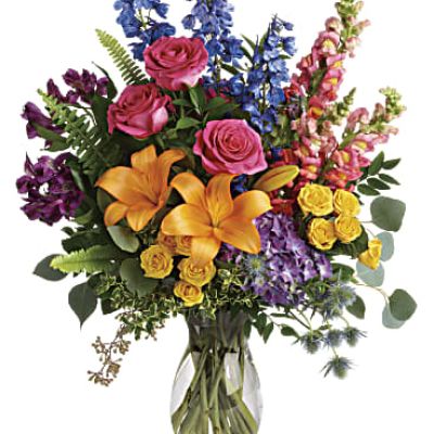 <div id="mark-3" class="m-pdp-tabs-marketing-description">A rainbow of beauty for any occasion. Purple hydrangea, pink roses and orange lilies positively pop in this bright bouquet, featuring all the colors of the rainbow.</div>
&nbsp;
<div id="desc-3">
<ul>
 	<li>This colorful bouquet includes purple hydrangea, pink roses, yellow spray roses, orange asiatic lilies, purple alstroemeria, blue delphinium, pink snapdragons, blue eryngium, huckleberry, oregonia, Israeli ruscus, sword fern, silver dollar eucalyptus, seeded eucalyptus, and lemon leaf.</li>
</ul>
</div>