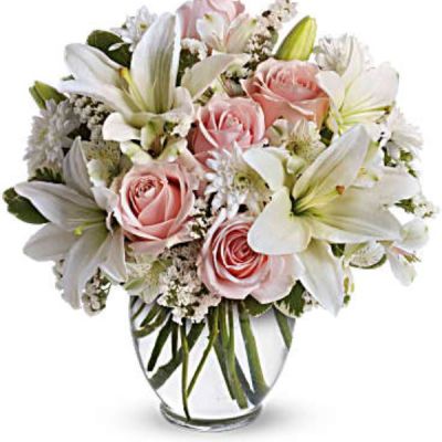 <div id="mark-3" class="m-pdp-tabs-marketing-description">Express your love with the eloquence of Shakespeare - without saying a word. She'll adore this exquisite bouquet of roses and lilies and other pastel favorites in a classic ginger vase. And she'll know just the words to let you know.</div>
&nbsp;
<div id="desc-3">
<ul>
 	<li>Light pink roses, white asiatic lilies, white alstroemeria and white cushion spray chrysanthemums are mixed with white statice and variegated pittosporum in a clear, rounded vase.</li>
</ul>
</div>