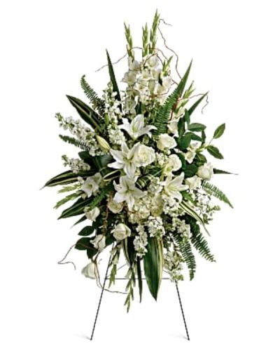 <div class="m-pdp-tabs-description">
<div id="mark-1" class="m-pdp-tabs-marketing-description">

<hr />

This beautiful spray includes white hydrangea, white roses, white oriental lilies, white gladioli, white stock, pitta negra, sword fern, curly willow, variegated aspidistra leaves, and lemon leaf. Delivered on a wire easel.</div>
</div>
<p id="arrngDescp">This beautiful spray includes white hydrangea, white roses, white oriental lilies, white gladioli, white stock, pitta negra, sword fern, curly willow, variegated aspidistra leaves, and lemon leaf. Delivered on a wire easel.</p>