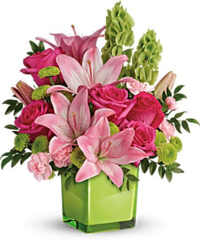 They'll fall in love with this pretty, playful bouquet! Pink roses and lilies look oh-so-lovely with elegant bells of ireland and presented in our exclusive vibrant green Color Splash cube! It's a fresh mix they'll adore for any occasion.
This refreshing arrangement features dark pink roses, pink asiatic lilies, pink miniature carnations, bells of ireland, green button spray chrysanthemums, and huckleberry.