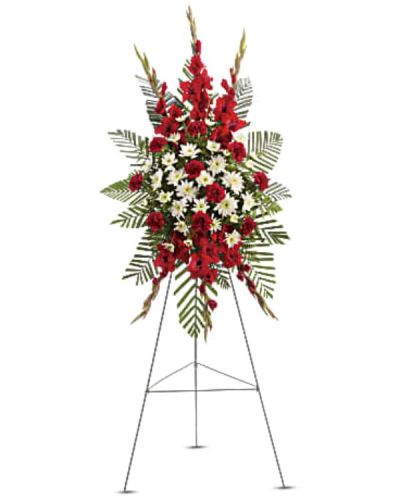 <div id="mark-1" class="m-pdp-tabs-marketing-description">

<hr />

A beautiful complement to the memorial service, this gorgeous spray of red and white floral favorites will be deeply appreciated by the family during their time of loss.

</div>
<div id="desc-1">
<ul>
 	<li>The magnificent spray includes red gladioli, red carnations and white cushion spray chrysanthemums, accented with emerald palm and leatherleaf fern.</li>
</ul>
</div>