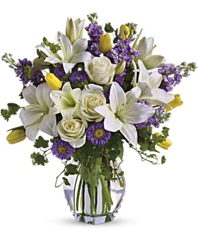 <div id="mark-3" class="m-pdp-tabs-marketing-description">Dance into spring! Send this bouquet of favorite spring flowers to brighten someone's day with the playful beauty of nature. Such a pretty way to say, "I'm thinking of you!"</div>
&nbsp;
<div id="desc-3">
<ul>
 	<li>This white, lavender and yellow bouquet includes white asiatic lilies, cream roses, yellow tulips, lavender stock, lavender matsumoto asters and greens including bupleurum, ivy and seeded eucalyptus.</li>
</ul>
</div>