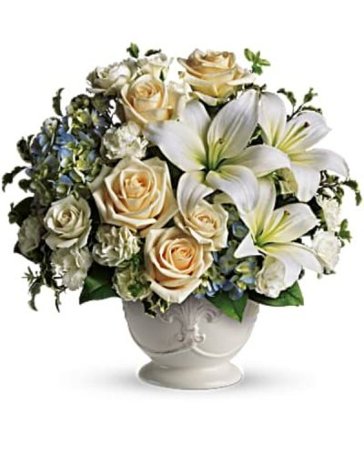 <div id="mark-2" class="m-pdp-tabs-marketing-description">This French country style sympathy arrangement communicates your condolences in a most heartfelt way. It's a lovely choice when you want to send flowers to family or friends.</div>
&nbsp;
<div id="desc-2">
<ul>
 	<li>A beautiful bouquet of blue and white sympathy flowers - blue hydrangeas, crème roses, white miniature carnations, fragrant white asiatic lilies and green pitta negra - are delivered in a French Country Pot.</li>
</ul>
</div>