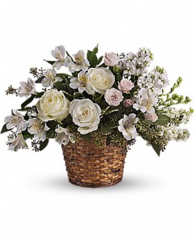 <div class="m-pdp-tabs-description">
<div id="mark-1" class="m-pdp-tabs-marketing-description">Your message of love will be as clear as day when you send this pure white and pretty basket.</div>
</div>
<p id="arrngDescp">A variety of beautiful white flowers such as roses, spray roses, alstroemeria, larkspur and more are lovingly arranged.</p>
