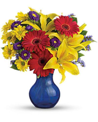 <div id="mark-3" class="m-pdp-tabs-marketing-description">A daydream come true, this bold bouquet is an instant dose of sunshine! Celebrate your special someone with sunny blooms arranged in our rich blue vase.</div>
<div id="desc-3">
<ul>
 	<li>Includes yellow asiatic lilies, red gerberas, purple matsumoto asters, yellow daisies, lavender statice and fresh green lemon leaf.</li>
</ul>
</div>