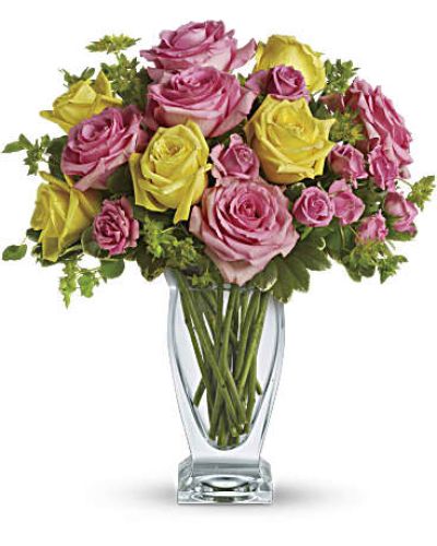 <div id="mark-3" class="m-pdp-tabs-marketing-description">Pink lemonade, anyone? This stunning bouquet of pink and yellow roses adds an instant smile to anyone's face - especially when they notice the gorgeous Couture Vase they get to keep using for years to come!</div>
&nbsp;
<div id="desc-3">
<ul>
 	<li>Elegant pink and yellow roses are contrasted with green bupleurum and variegated pittosporum.</li>
</ul>
</div>