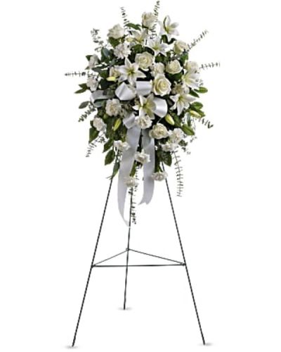 <div id="mark-1" class="m-pdp-tabs-marketing-description">Stunning in its simplicity, this gorgeous spray of white roses, lilies and carnations decorated with white satin ribbon is a tasteful way to express your sympathy.</div>
<div id="desc-1">
<ul>
 	<li>The elegant spray includes white roses, white Asiatic lilies and white carnations, accented with assorted greenery.</li>
</ul>
</div>