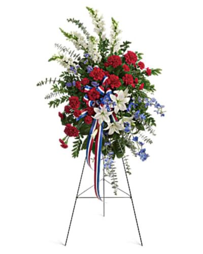 <div id="mark-1" class="m-pdp-tabs-marketing-description">Sparkling like an Independence Day fireworks display, a striking red, white and blue spray stands tall proud and patriotic. Bearing the colors of our nation's flag, it's a grand and fitting tribute to members of the military and American heroes.</div>
<div id="desc-1">
<ul>
 	<li>Adorned with yards of multicolored patriotic ribbon, this easel-mounted standing spray features flowers such as red carnations, white asiatic lilies and snapdragons, and blue delphinium, along with an assortment of greens.</li>
</ul>
</div>