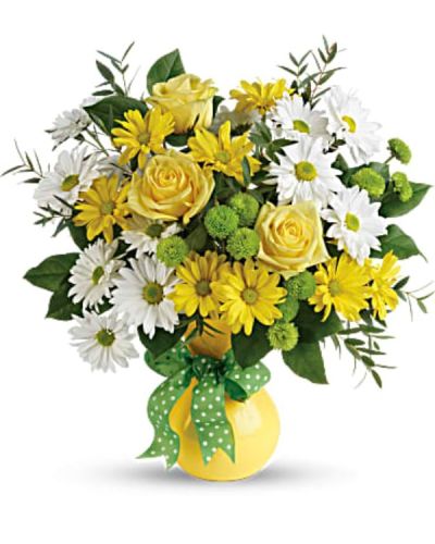 <div id="mark-1" class="m-pdp-tabs-marketing-description">Pure joy! Brighten any occasion with this sunny mix of golden and white daisies in a cheerful yellow vase. A spotty dotty bow adds a dash of fun!</div>
<div id="desc-1">
<ul>
 	<li>This happy bouquet includes white and yellow daisy spray chrysanthemums, green button spray chrysanthemums, lemon leaf, and parvifolia eucalyptus.</li>
 	<li>Delivered in Teleflora's Yellow Serendipity vase.</li>
</ul>
</div>