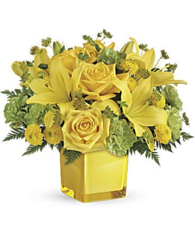 You can't help but smile at these bright, beautiful blooms! Like a ray of sunshine, this golden mix of roses and lilies, presented a glass cube, will put anyone in a marvelous mood.
This bright bouquet includes yellow roses, yellow asiatic lilies, green carnations, yellow button spray chrysanthemums, bupleurum and leatherleaf fern.