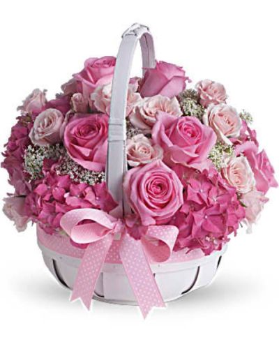 <div id="mark-3" class="m-pdp-tabs-marketing-description">This wonderful bunch of flowers is arranged in a cute as a button basket. Guaranteed to delight, send them this great basket for oodles of smiles!</div>
<div id="desc-3">
<ul>
 	<li>Pink roses and hydrangea are interspersed with delicate Queen Anne's lace in a white handled basket.</li>
 	<li>Trimmed with polka-dotted pink grosgrain ribbon.</li>
</ul>
</div>