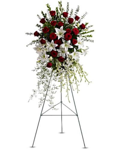 <div id="mark-1" class="m-pdp-tabs-marketing-description">Make a statement of enduring love and tribute with this dramatic lily and rose funeral spray, presented on an easel for ease of placement. Red roses, white lilies and cascading white orchids are elegant funeral flowers fit to honor someone truly special.</div>
<div id="desc-1">
<ul>
 	<li>Red roses, white asiatic lilies and delicate dendrobium orchids are accented with myrtle, sprengeri fern, leatherleaf fern and spiral eucalyptus on a traditional wire funeral easel.</li>
</ul>
</div>