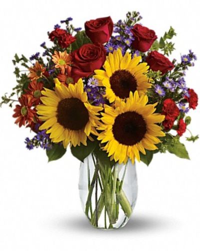 <div class="m-pdp-tabs-description">
<div id="mark-1" class="m-pdp-tabs-marketing-description">

<hr />

Pure happiness is what this pretty bouquet delivers - whether you're sending it for a fall birthday, Thanksgiving, thank you, or simply just because. Surely, no one can be in the presence of something so inherently happy and not smile.

</div>
</div>
<p id="arrngDescp">Sunny sunflowers, red roses and miniature carnations, bronze daisy spray chrysanthemums, large lavender monte cassino asters and autumn greens are beautifully arranged in a clear glass vase.</p>