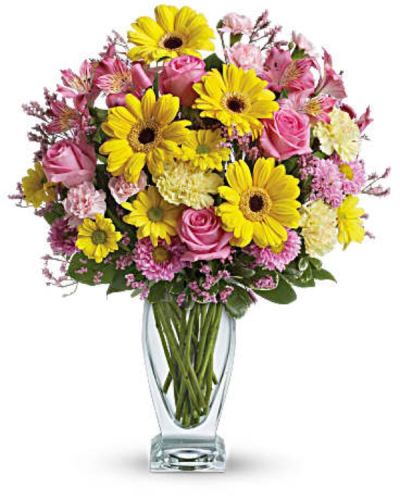 <div id="mark-3" class="m-pdp-tabs-marketing-description">Pure pretty! This classic floral design puts a sweet spin on your good wishes in brilliant shades of pink and yellow - all presented in a gorgeous glass vase.</div>
<div id="desc-3">
<ul>
 	<li>Luxurious flowers such as roses, gerberas and alstroemeria are gathered in soft shades of pink and yellow.</li>
</ul>
</div>