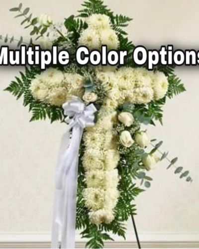Send a beautiful and striking floral tribute that shows your support and love during this difficult time. This standing spray arrangement in the shape of a cross is created from fresh white roses, football mums, greenery and floral accents. Traditionally sent directly to the funeral home by family members or friends and displayed on a stand.
