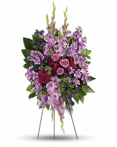 <div class="m-pdp-tabs-description">
<div id="mark-1" class="m-pdp-tabs-marketing-description" style="text-align: right;">Console and comfort with this luxurious spray of lavender roses, alstroemeria and gladioli. It's a majestic way to remember the departed at the memorial service.</div>
</div>
<p id="arrngDescp">This regal spray includes lavender roses, lavender alstroemeria, lavender gladioli, lavender stock, purple cushion spray chrysanthemums, purple sinuata statice, green ti leaves, flat cedar, oregonia and lemon leaf.</p>