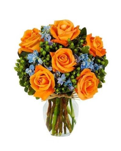 There is no better way to send a bit of cheer than this cheerfully beautiful arrangement. Orange roses are the focal point of this happy design accented by light blue delphinium and green hypericum displayed in a clear fluted vase.